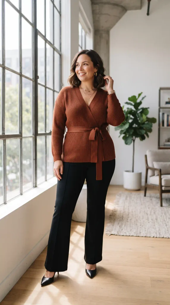 10. Combine a Belted Knit Wrap Cardigan with High-Waisted Flare Trousers
