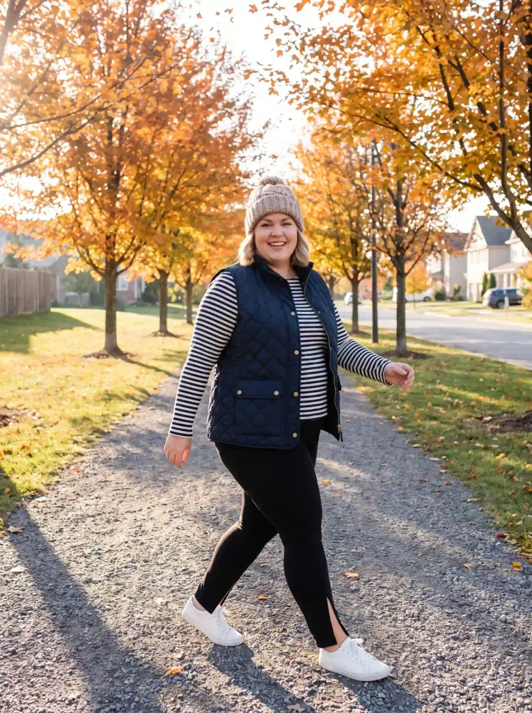 Quilted Barn Vest Over a Long-Sleeve Breton Stripe and Split-Hem Leggings