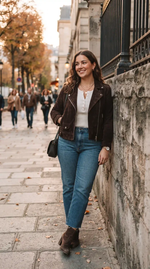 11. Wear an Espresso Suede Moto Jacket with an Off-White Ribbed Henley