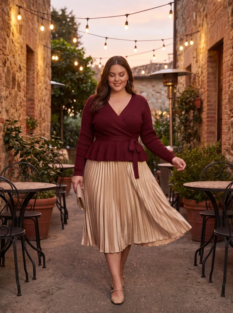 Wrap-Front Peplum Sweater Paired With Pull-On Pleated Satin Skirt