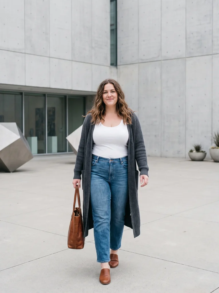 Longline Duster Cardigan With an Ankle-Crop Straight Jean and Mules