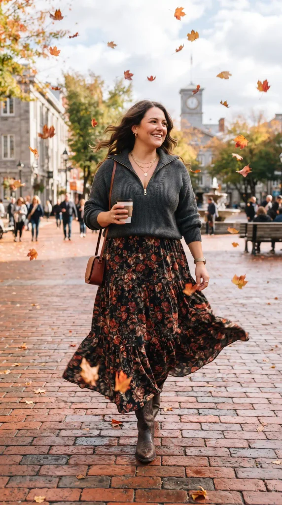 12. Team a Half-Zip Polo Sweater with a Flowy Floral Tiered Maxi Skirt