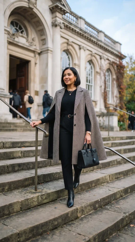 13. Mix a Houndstooth Cape Coat Over a Fitted Black Long-Sleeve Bodysuit