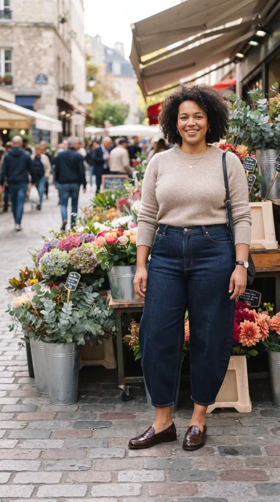14. Style Dark Wash Barrel Jeans with a Snug Cashmere Crew and Loafers