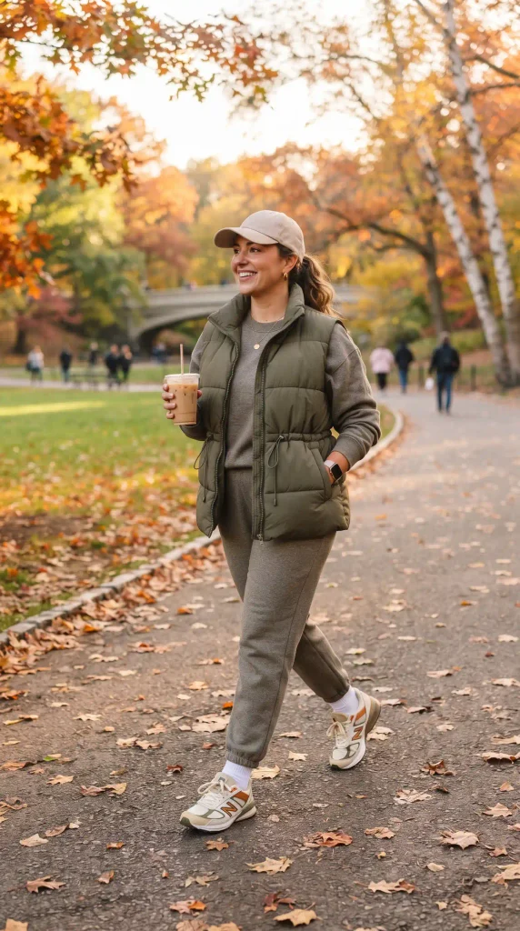 15. Layer an Olive Quilted Puffer Vest Over a Matching Fleece Lounge Set