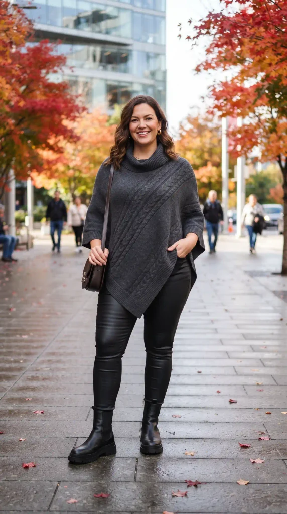 17. Drape an Asymmetrical Poncho Sweater Over Coated Waxed Leggings