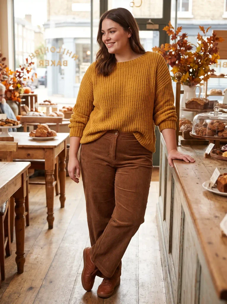 Textured Chenille Boatneck Sweater Half-Tucked Into Wide-Leg Cords