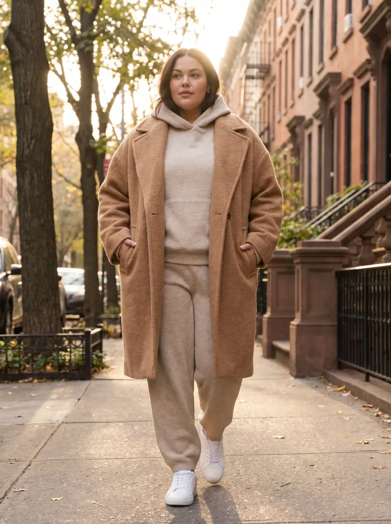 Wool-Blend Cocoon Coat Over a Matching Hoodie and Clean Leather Sneakers