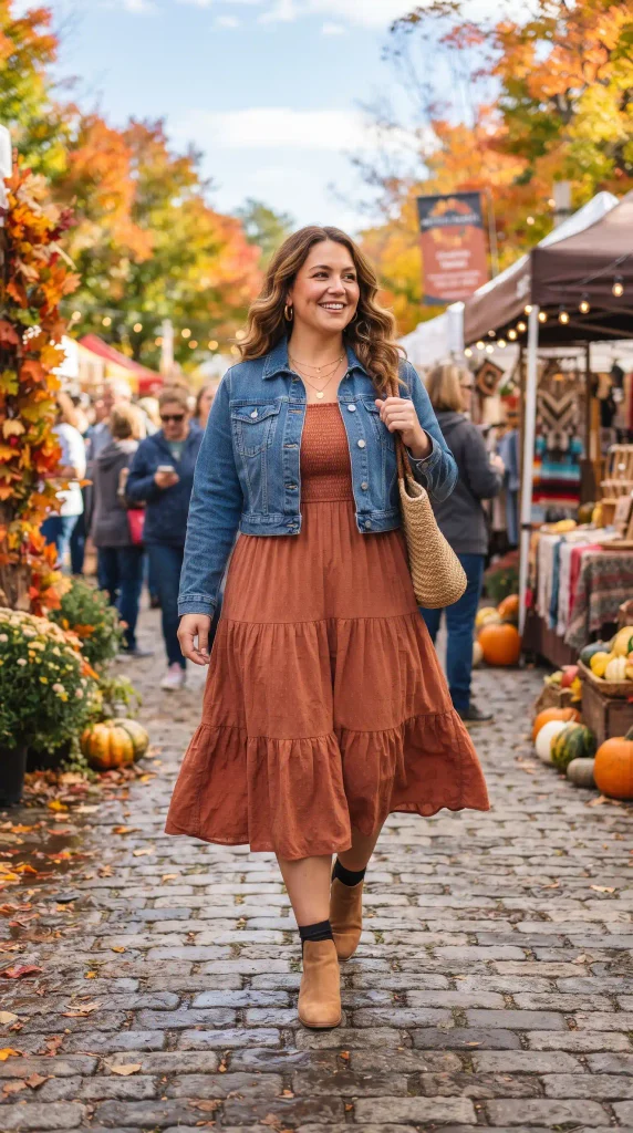 19. Top a Smocked Autumn Midi Dress with a Cropped Denim Trucker Jacket