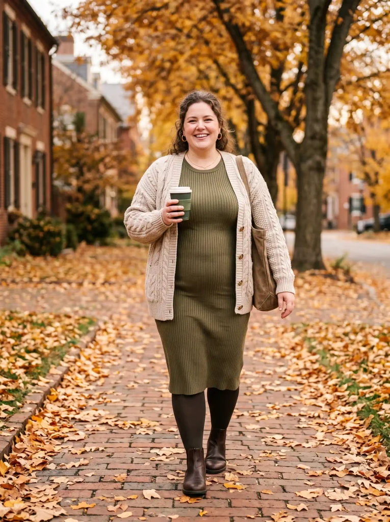 Chunky Cable-Knit Cardigan Over a Stretchy Ribbed Midi Dress