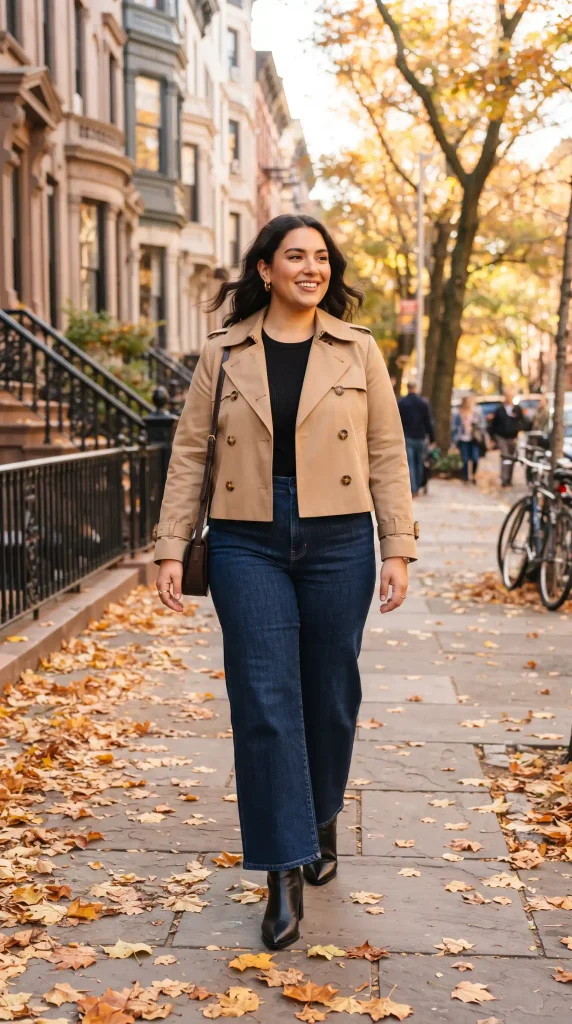 1. Pair a Cropped Trench Coat Over Wide-Leg Dark Denim
