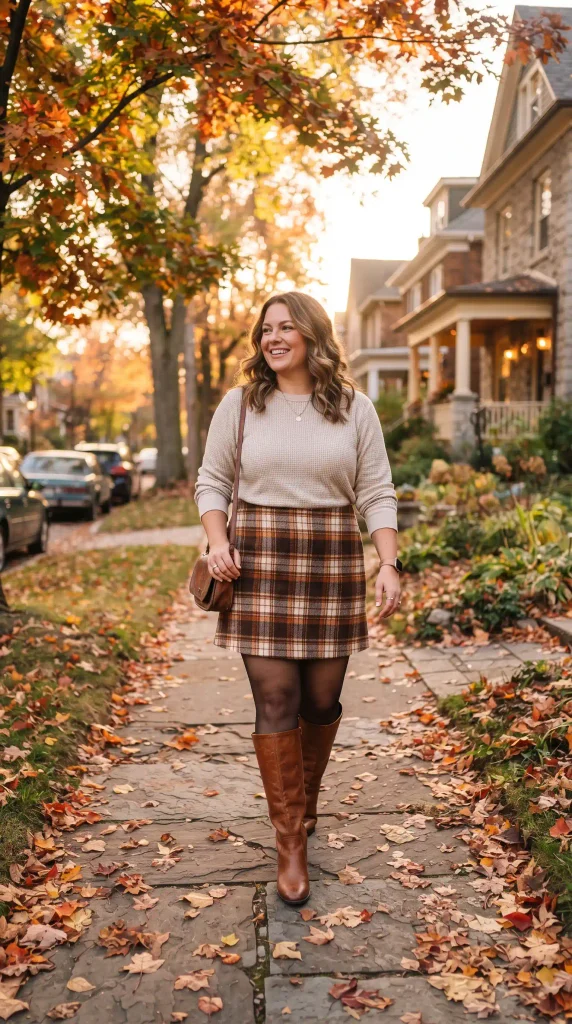 20. Combine a Waffle Knit Thermal Top with a Plaid Wool-Blend Mini and Knee Boots