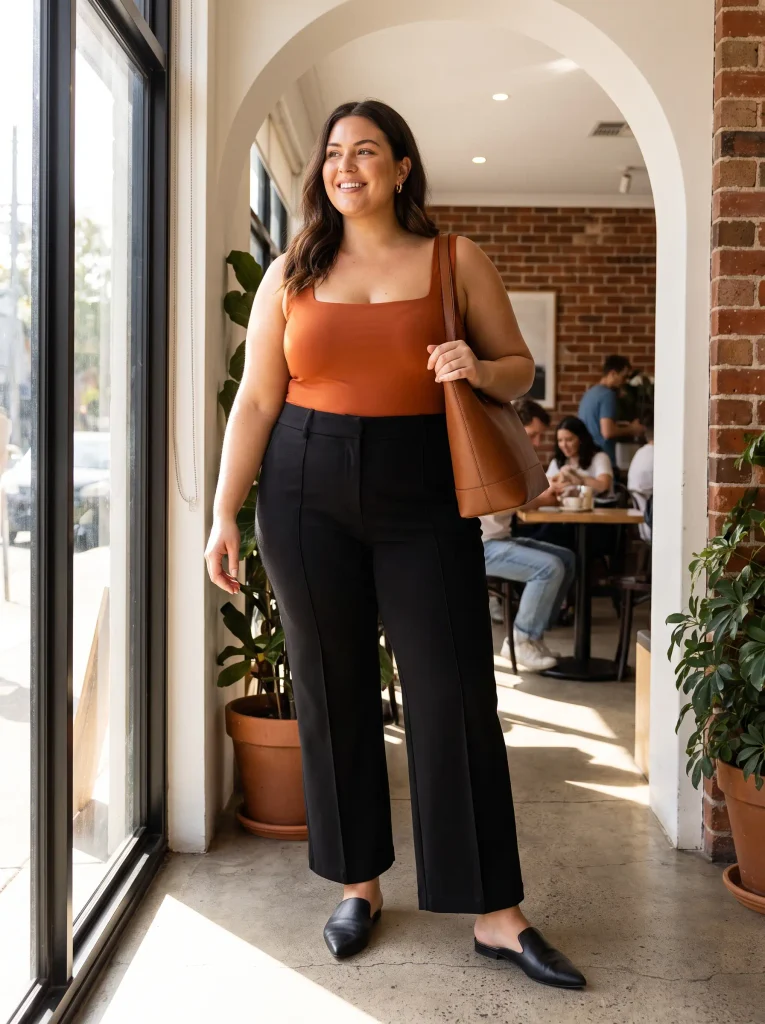 Wide-Leg Ponte Trousers With a Tucked-In Square-Neck Bodysuit