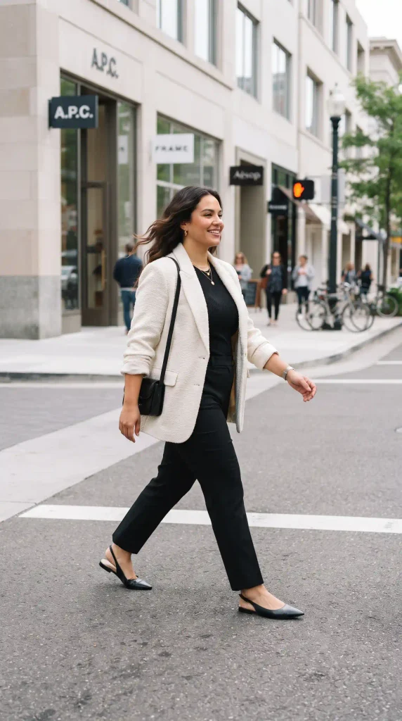 3. Balance an Oversized Bouclé Blazer with Straight-Leg Ankle Slacks