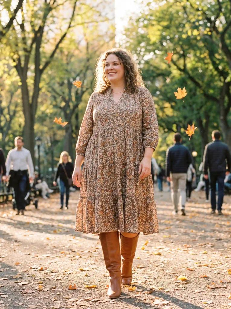 Knee-High Wide-Calf Boots Paired With a Flowy Tiered Smock Dress
