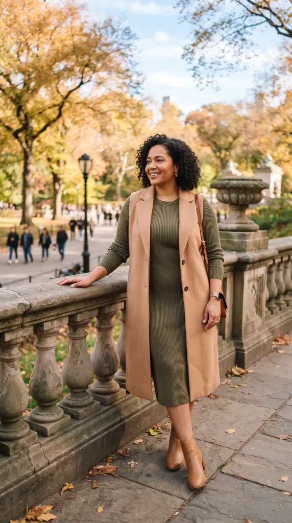 4. Slip a Monochromatic Knit Column Dress Under a Tailored Wool Vest