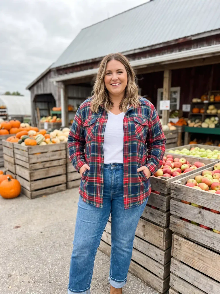 Mid-Length Plaid Shacket Layered Over Straight-Leg Denim and a White Tee