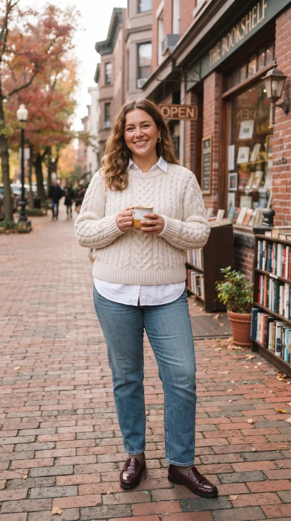 5. Layer a Crisp White Poplin Shirt Beneath a Chunky Cable-Knit Crewneck
