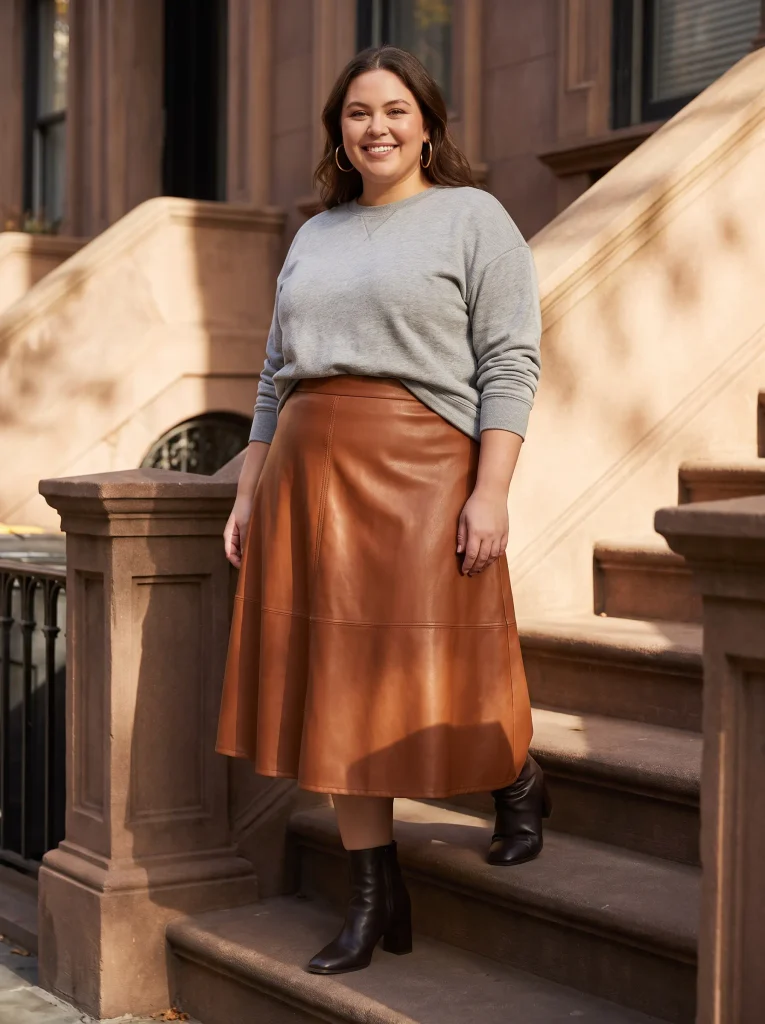 A-Line Faux-Leather Midi Skirt With a Half-Tucked French Terry Crewneck