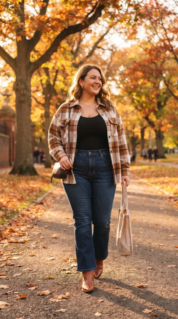 6. Style a Plaid Shacket Open Over a Fitted Ribbed Tank and Kick-Flare Jeans