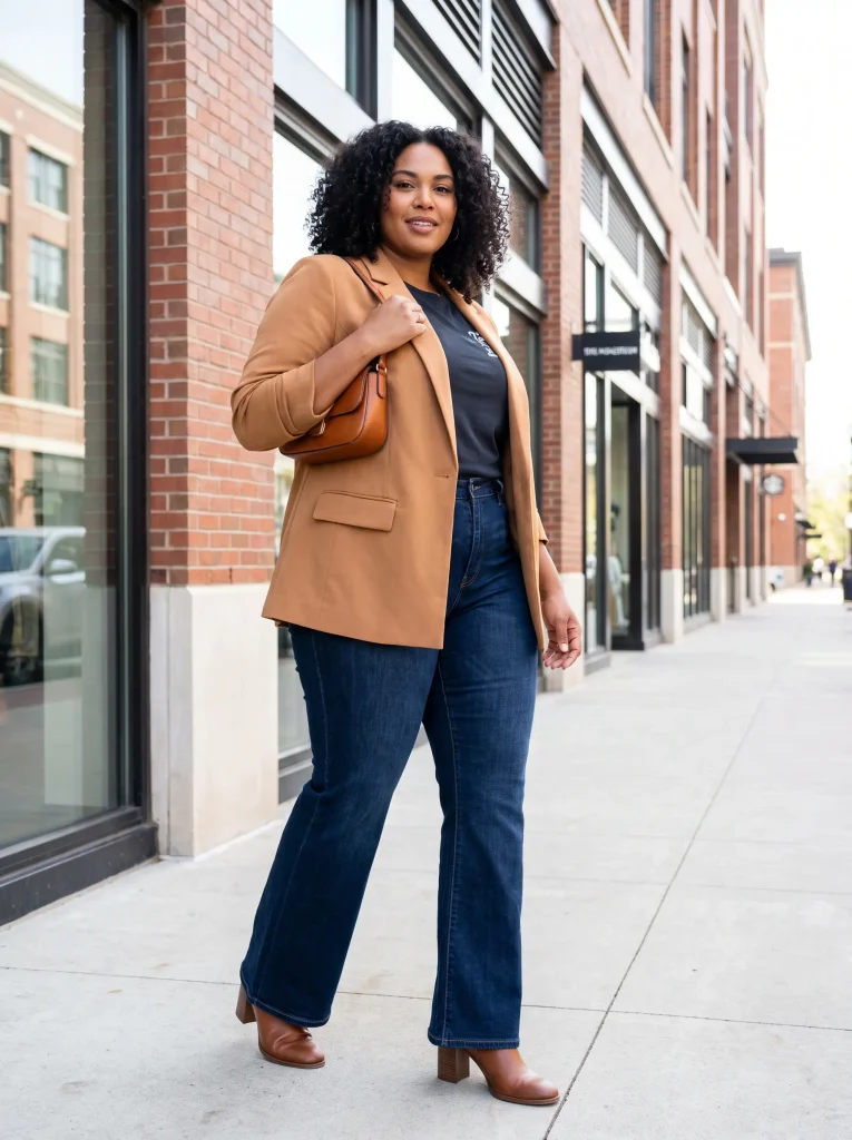 Dark-Wash High-Rise Flare Jeans With a Relaxed Tailored Blazer