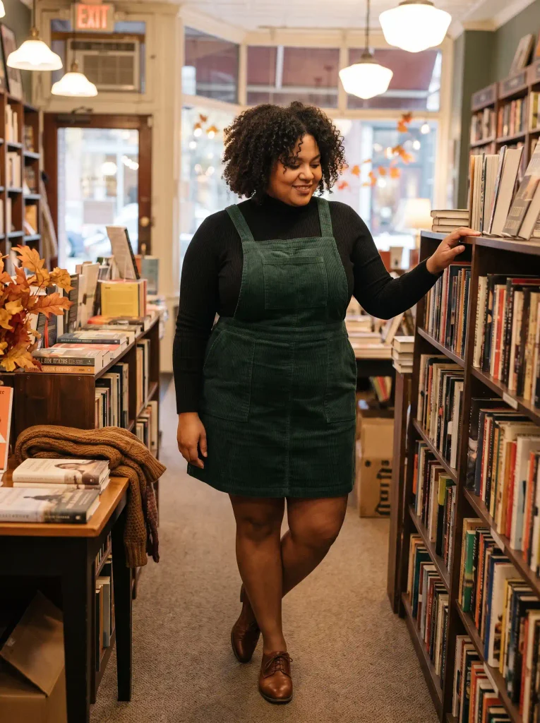 Fine-Gauge Fitted Turtleneck Under a Deep V-Neck Pinafore Dress