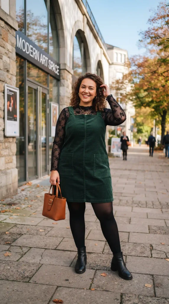 8. Define an A-Line Corduroy Pinafore with a Long-Sleeve Mesh Base Layer