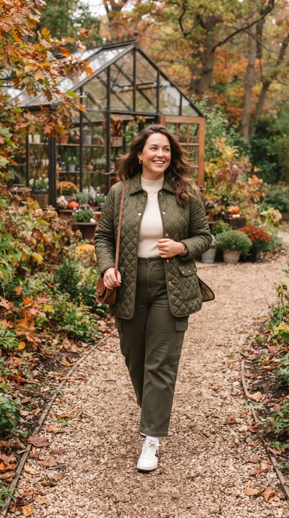 9. Anchor a Quilted Barn Jacket with a Clean Cream Mock-Neck and Cargo Pants