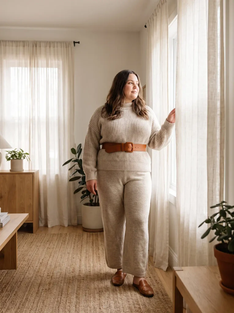 Monochrome Warm Oatmeal Knit Set With a Wide Cognac Leather Belt