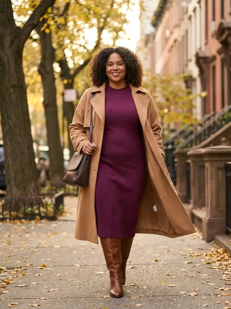 The Ribbed Knit Midi Dress Under an Open Trench