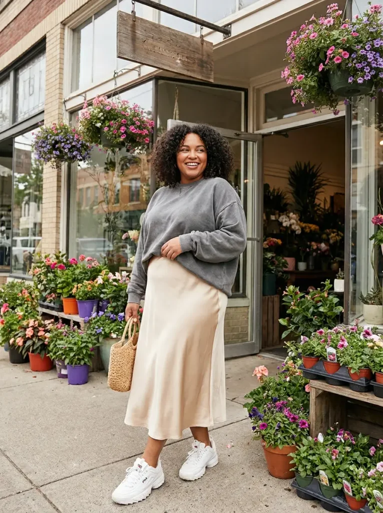 Satin Bias-Cut Midi Skirt Grounded with a Graphic Sweatshirt