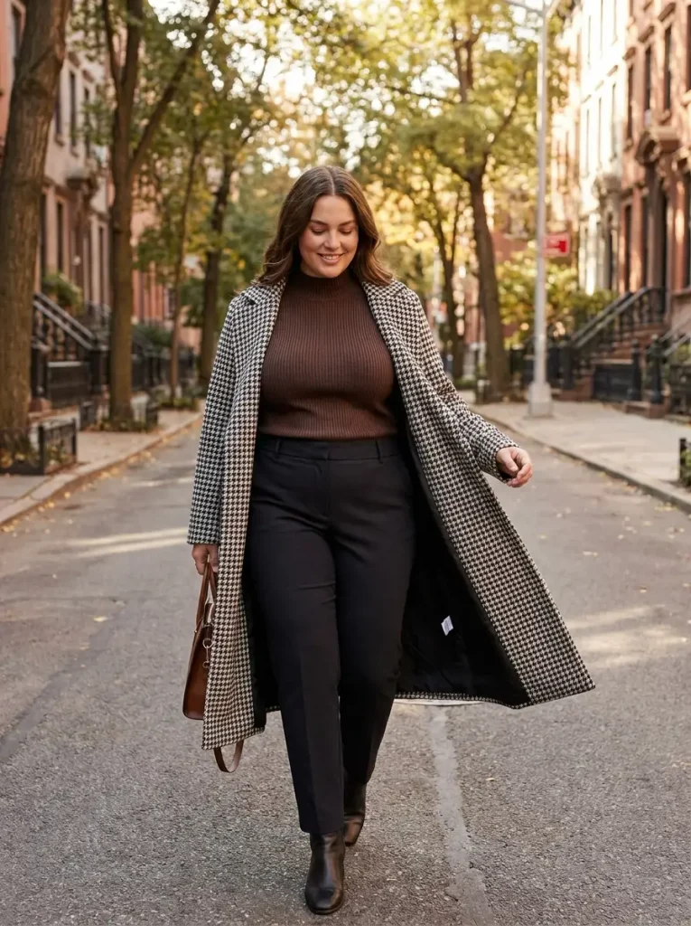 Houndstooth Longline Coat Thrown Over a Ribbed Mock Neck