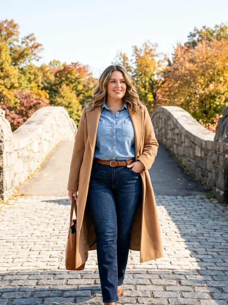 Denim-on-Denim Canadian Tuxedo with a Warm Camel Overcoat