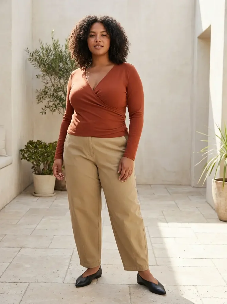 Rust Wrap Top Tucked into Relaxed Barrel-Leg Chinos