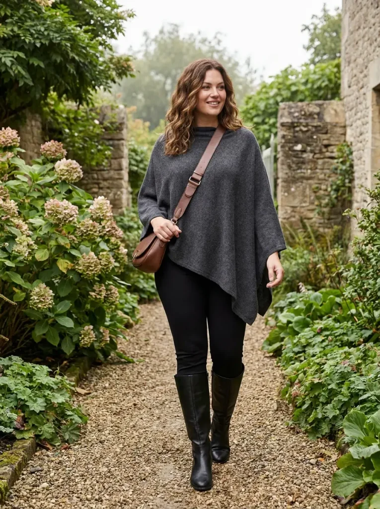 Cashmere Poncho Over Slim Trousers and Knee-High Boots