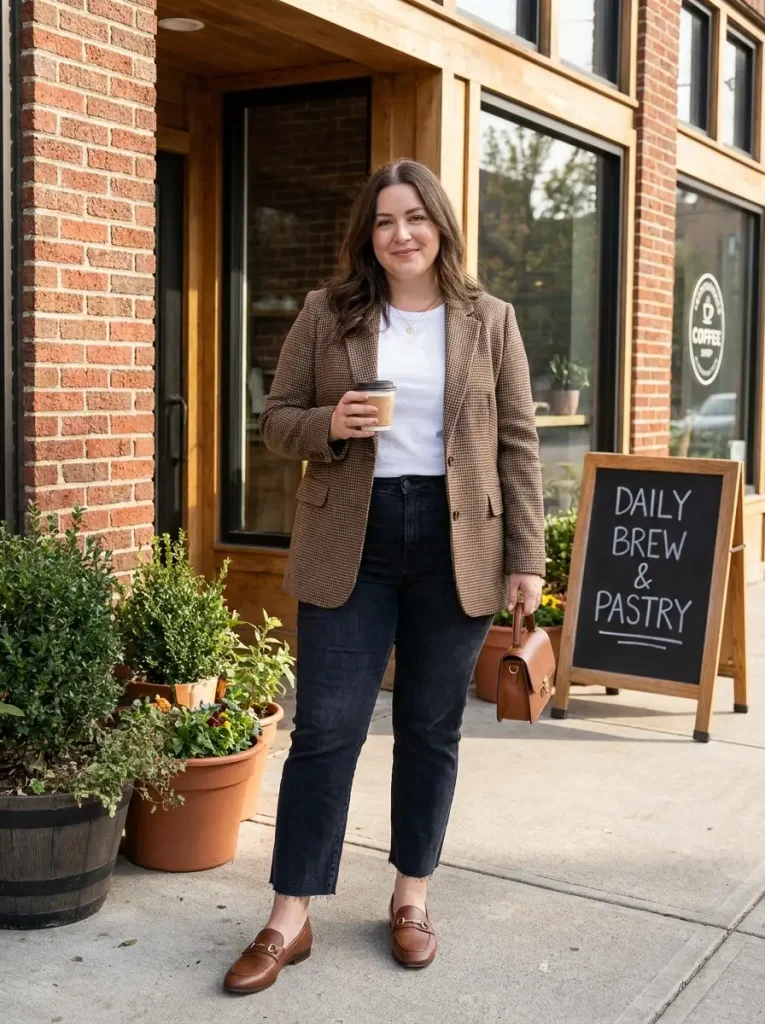 Plaid Wool Blazer Over a White Tee and Raw-Hem Skinnies