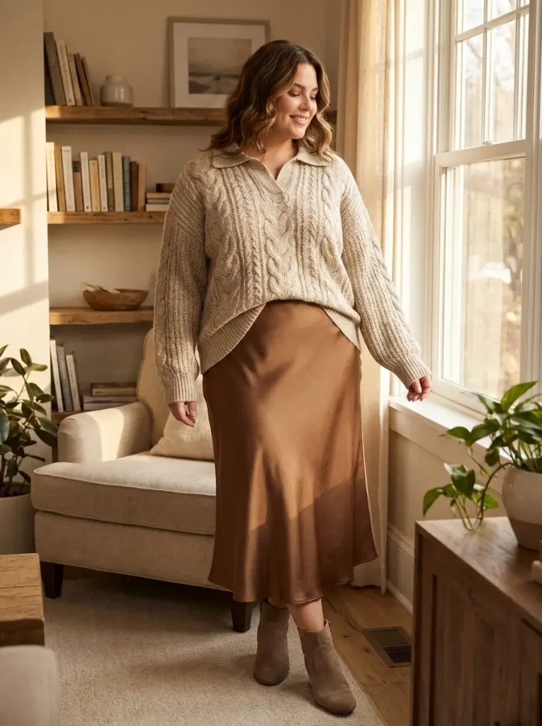 Chunky Cable-Knit Polo Sweater Paired with a Satin Slip Skirt