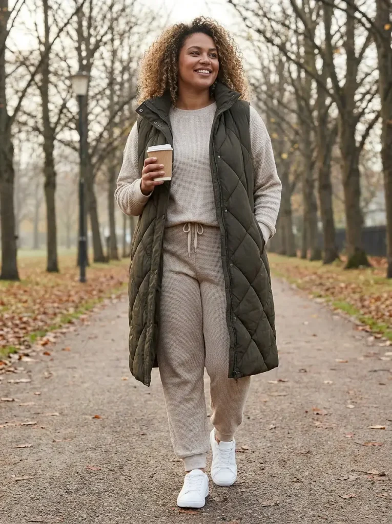 Longline Quilted Puffer Vest Over a Matching Waffle-Knit Set