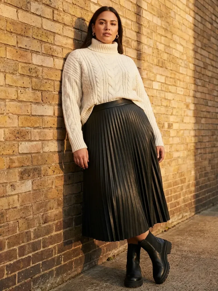 Faux Leather Pleated Skirt Paired with a Chunky Turtleneck