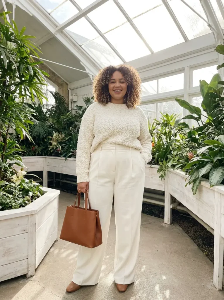 Monochromatic Cream Trousers and Soft Bouclé Sweater