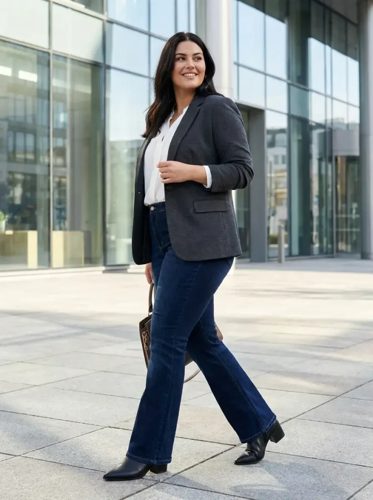 Dark-Wash Flare Jeans with a Pointed-Toe Boot and Blazer