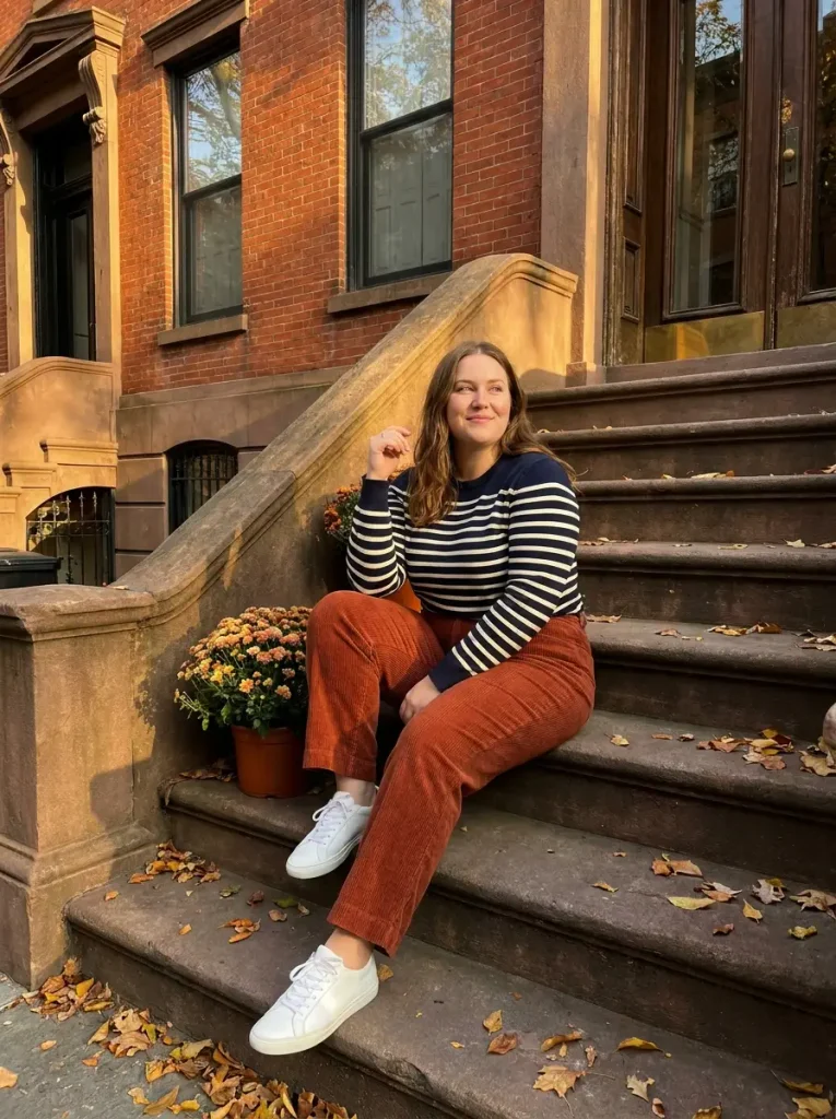 Straight-Leg Corduroy Pants with a Fine-Gauge Striped Knit