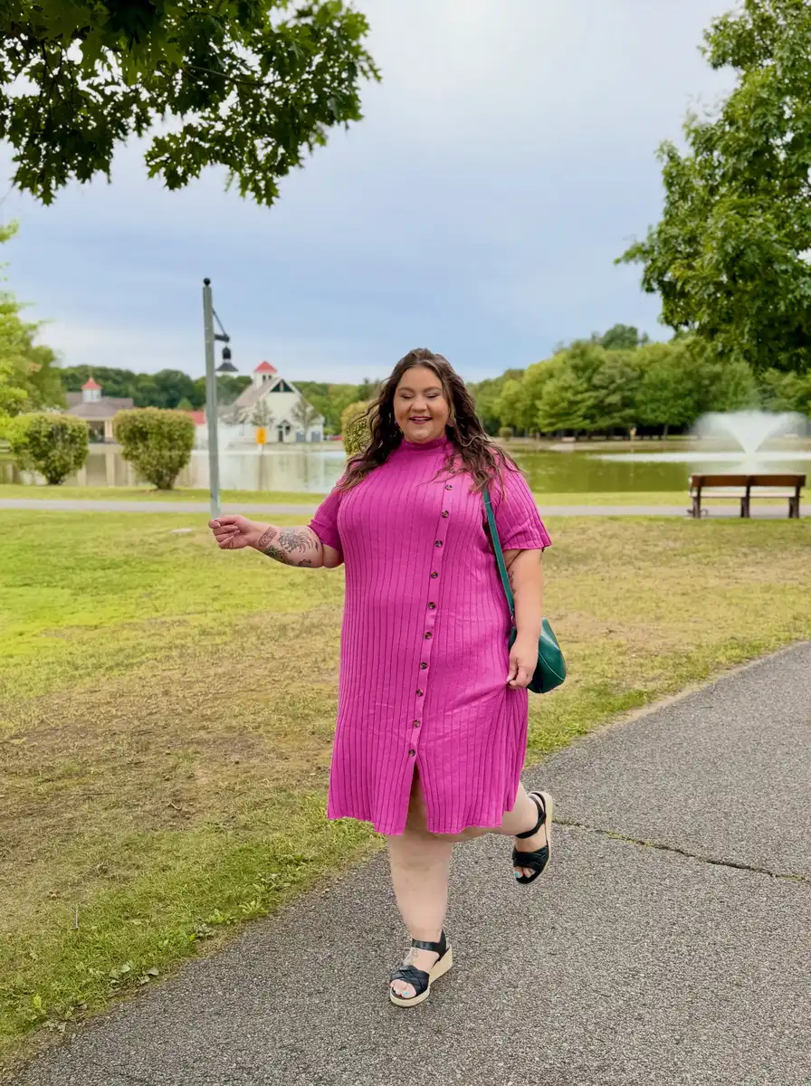 Plus size woman wearing a pink ribbed button-front sweater dress in a park