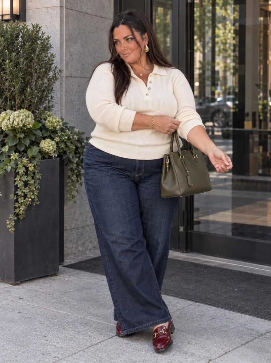 Plus size woman wearing a cream knit polo sweater with dark wide-leg jeans outside a building