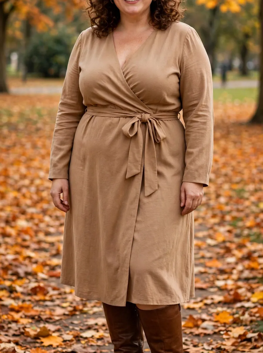 Plus size woman wearing a camel wrap dress with knee-high brown boots in an autumn park