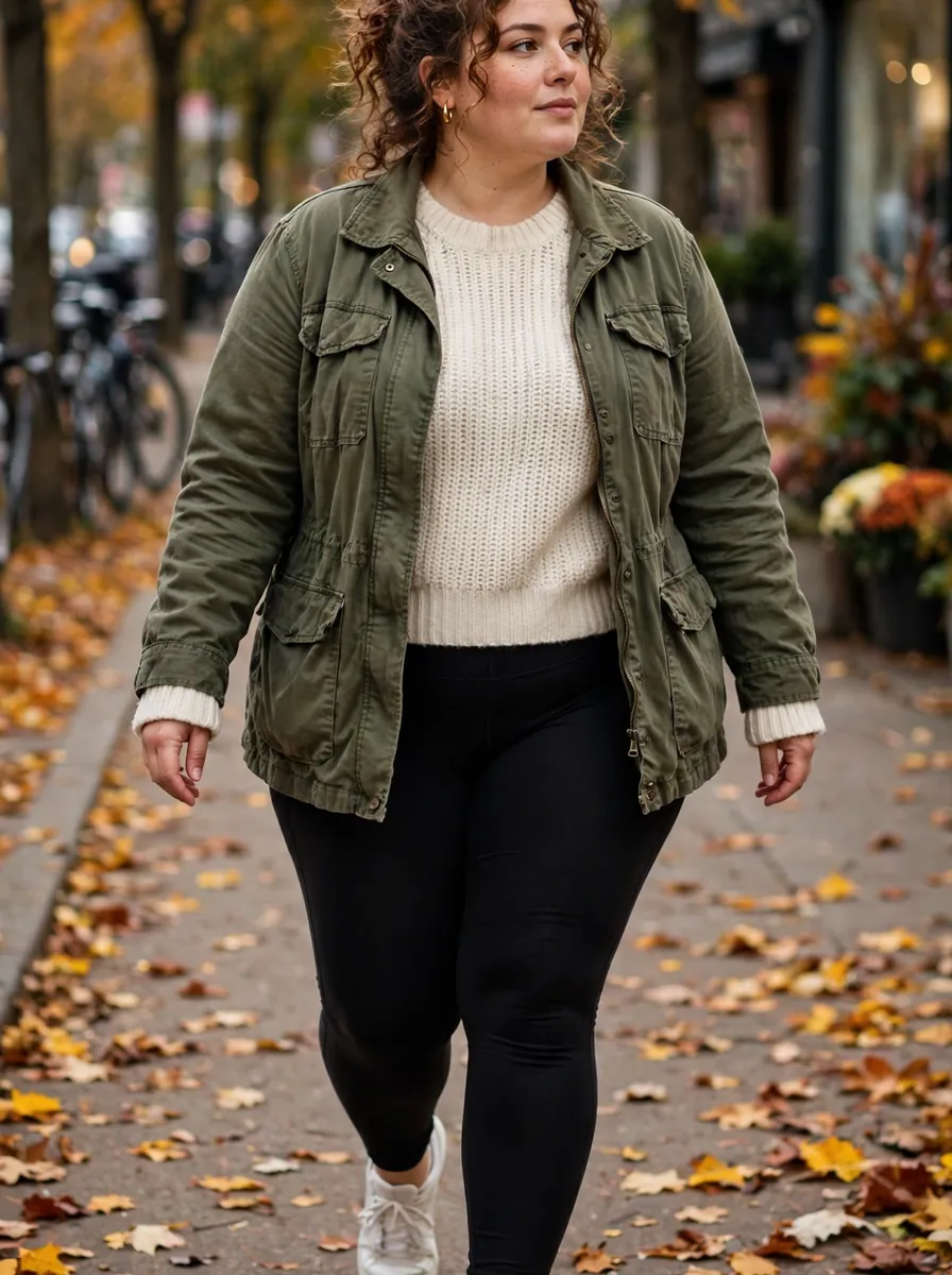 Plus size woman wearing an olive utility jacket over a cream sweater with black leggings