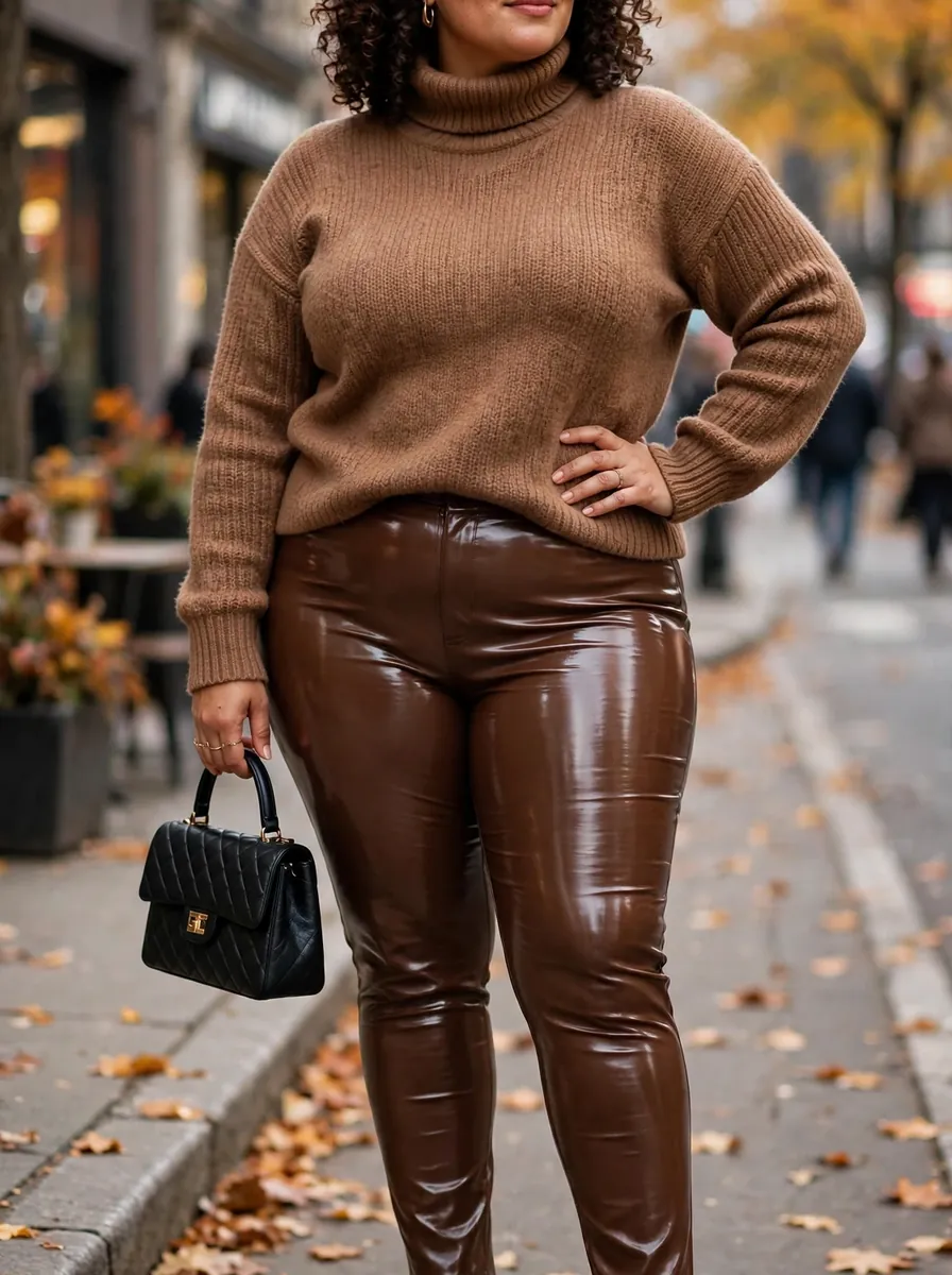 Plus size woman wearing a brown knit sweater with brown faux leather pants and heels