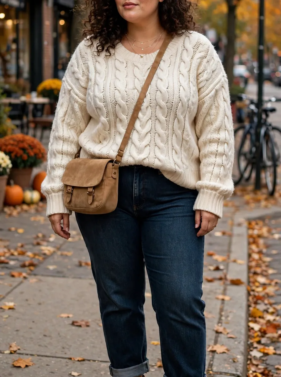 Plus size woman wearing a cream cable-knit sweater with dark cuffed jeans and tan ankle boots