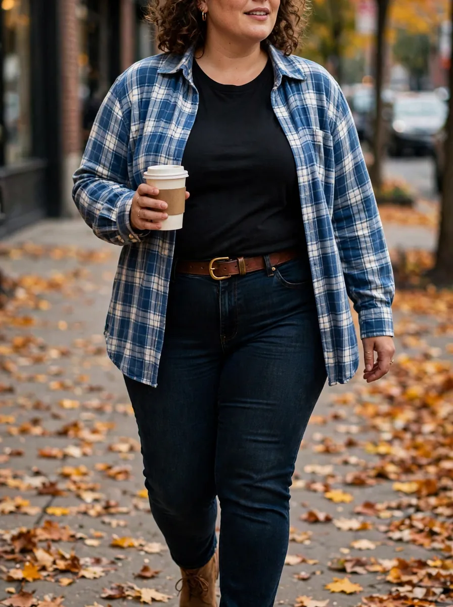 Plus size woman wearing a blue and white plaid shacket with black top and dark jeans