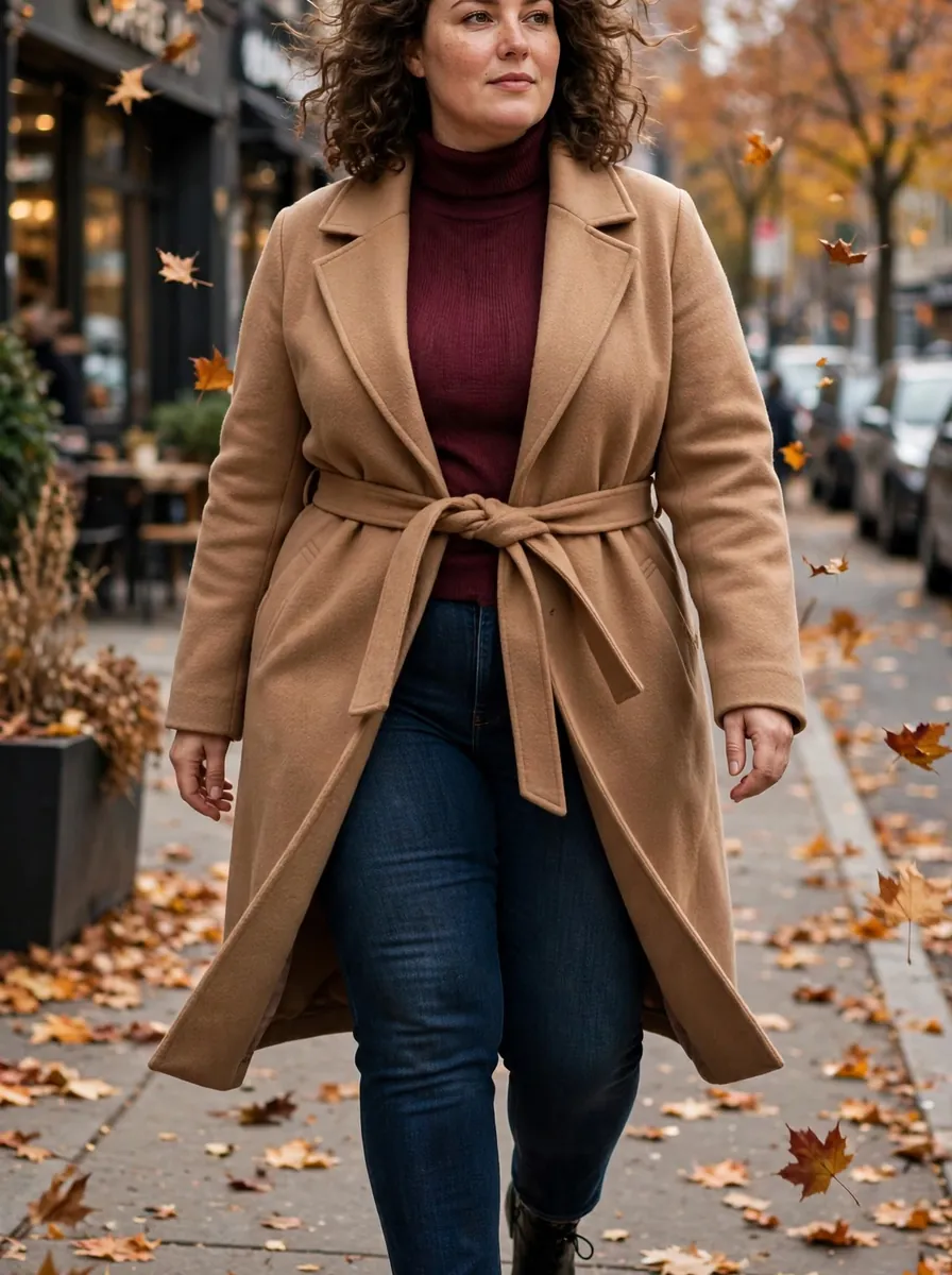 Plus size woman wearing a belted camel coat over a burgundy turtleneck with dark jeans